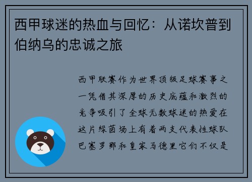 西甲球迷的热血与回忆：从诺坎普到伯纳乌的忠诚之旅