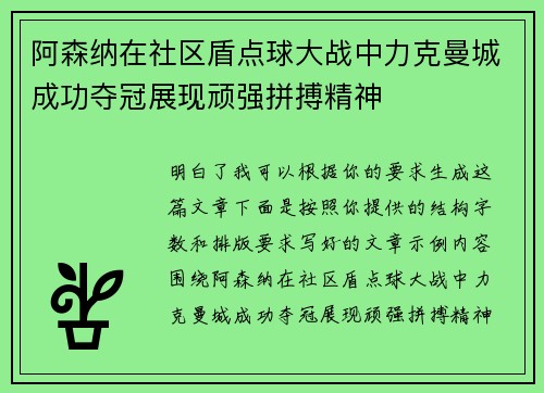 阿森纳在社区盾点球大战中力克曼城成功夺冠展现顽强拼搏精神