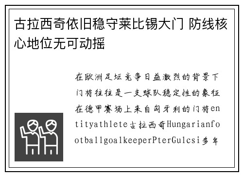 古拉西奇依旧稳守莱比锡大门 防线核心地位无可动摇