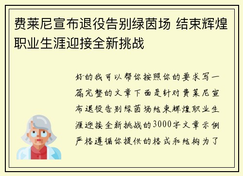 费莱尼宣布退役告别绿茵场 结束辉煌职业生涯迎接全新挑战 费莱尼宣布退役告别绿茵场 结束辉煌职业生涯迎接全新挑战